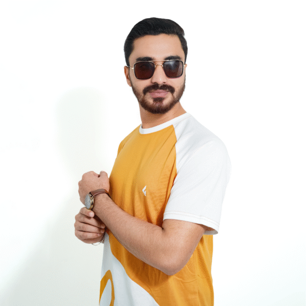 Male model wearing Fils Lifestyle Men's Premium T-Shirt - Amber Flow showing sleeve.