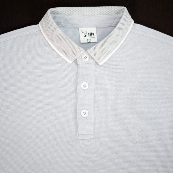 Light gray polo shirt with white collar and buttons on a black background
