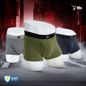 Three pairs of men's underwear in gray, green, and black on a dark background with 'fils' branding.