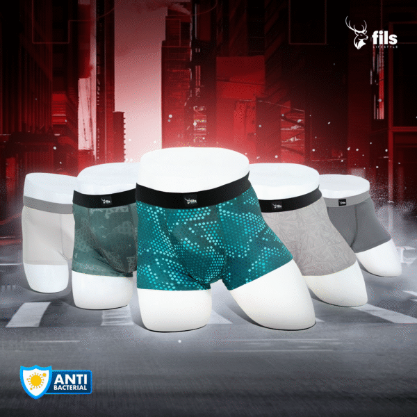 Men's underwear displayed on mannequins with 'Feel Fresh, Feel Comfort' text and brand logo.
